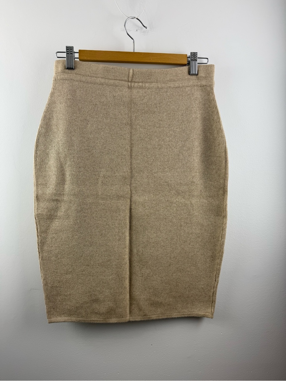 Vintage Cashmere Silk Blend Ribbed Classic Knit Pencil Skirt Beige Medium M L